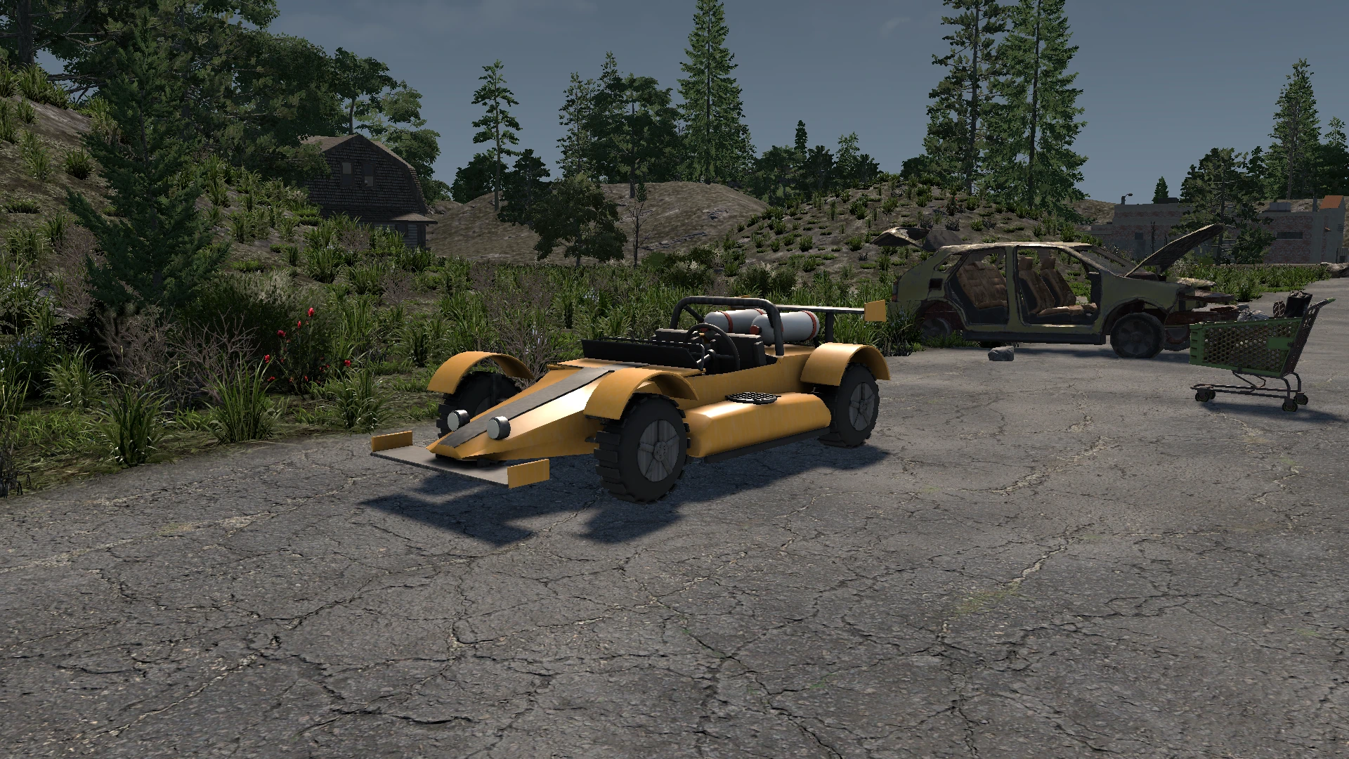 A yellow open-wheel Rocket Car parked on a cracked road beside an abandoned vehicle in 7 Days to Die.