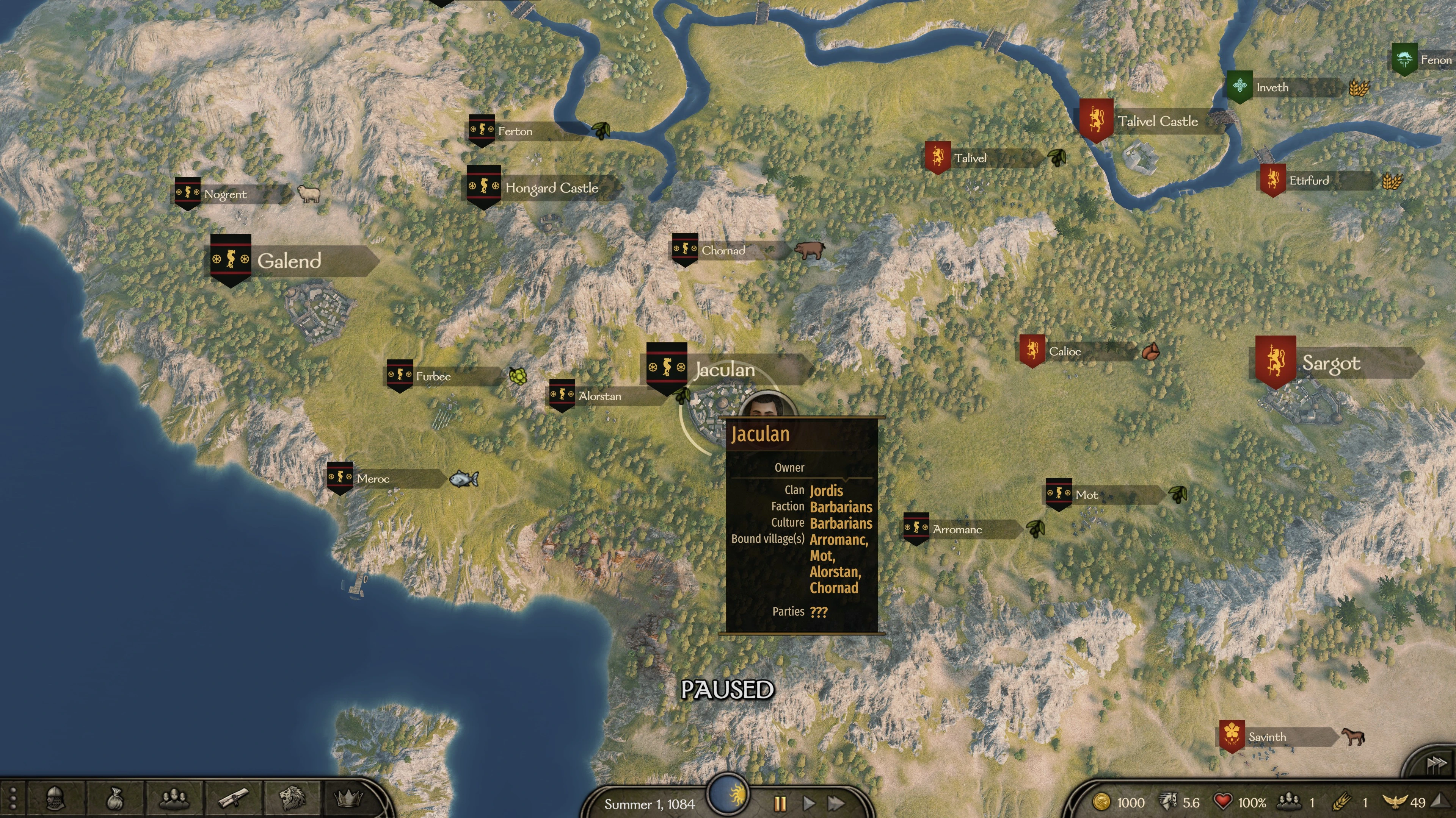 Custom black-and-gold faction banners surround Jaculan on Bannerlord's campaign map.