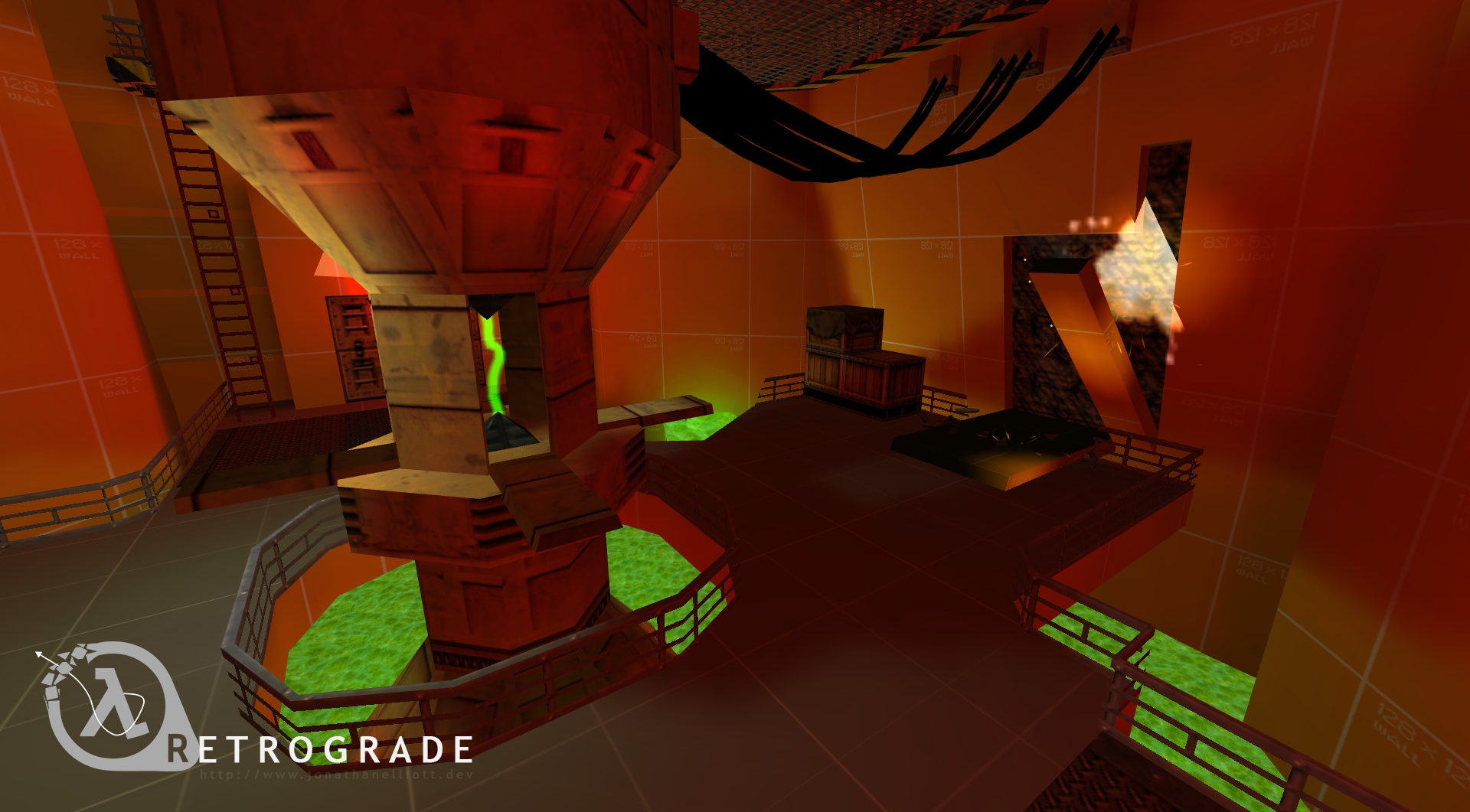 An unfinished orange blockout of Retrograde’s collapsing industrial chamber, with damaged walkways above green toxic liquid.