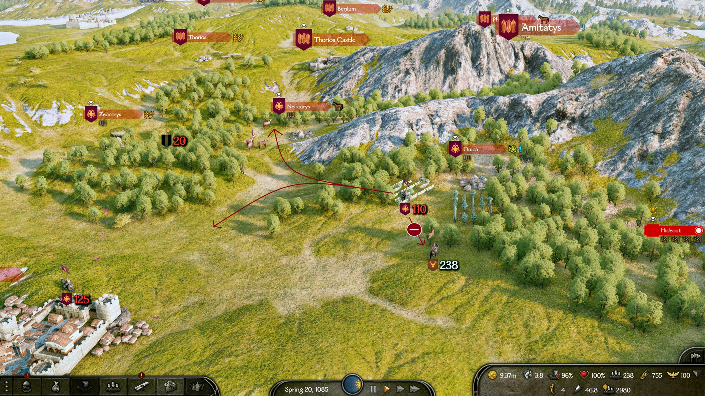Bannerlord campaign parties and creator-drawn arrows illustrate possible retreat directions near Onica.