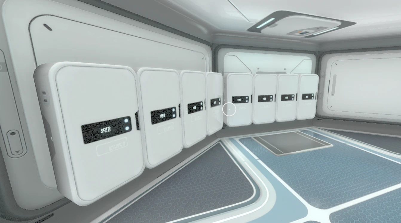 A tightly aligned row of wall lockers inside a Subnautica base shown in the creator gallery.