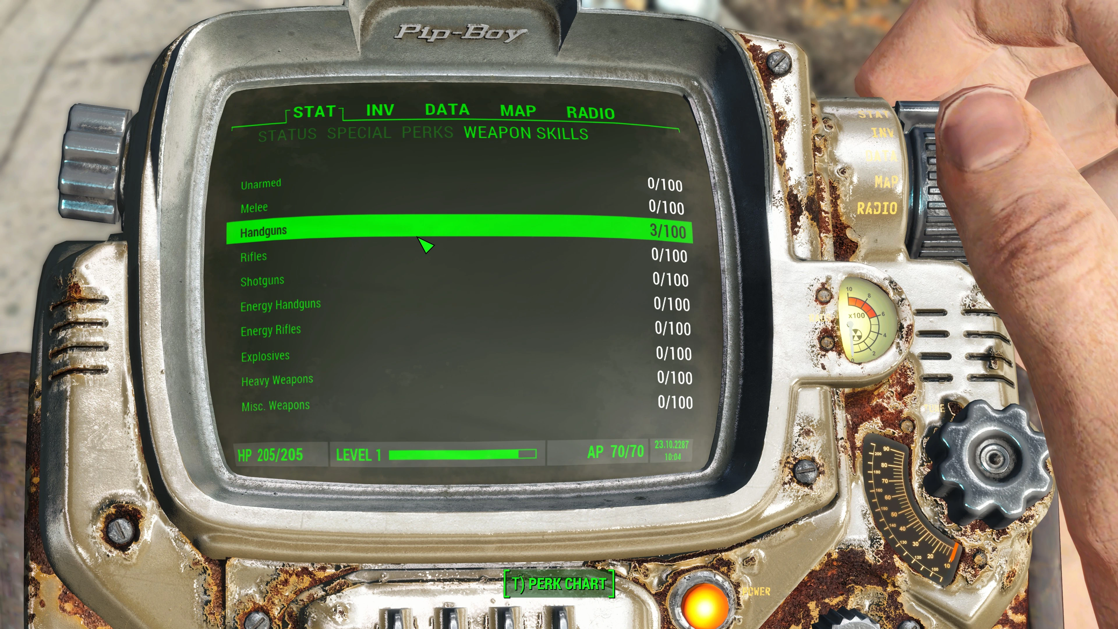 Pip-Boy Weapon Skills tab showing separate progression levels for weapon categories.