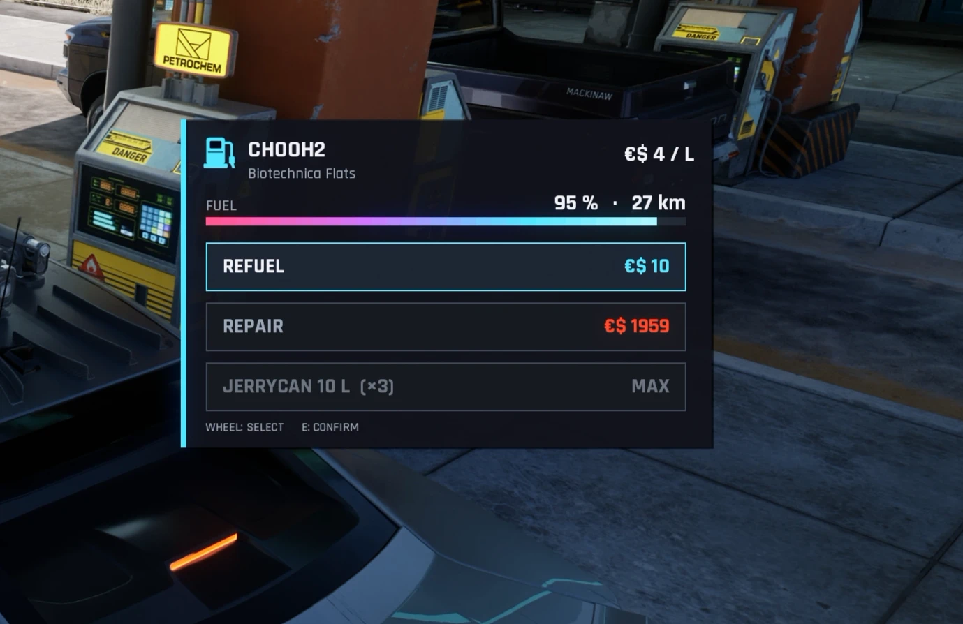Cyberpunk vehicle refueling menu at a Petrochem pump showing fuel, repair and jerrycan services.