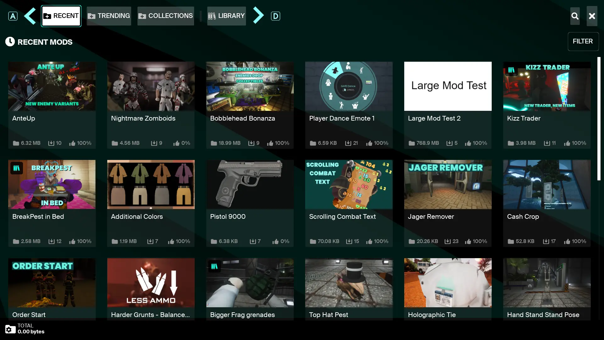 Abiotic Factor's in-game mod browser displaying community mod cards and navigation.