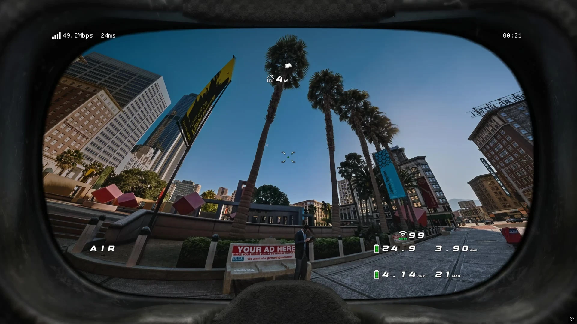 First-person racing drone view over Los Santos with FPV telemetry visible.