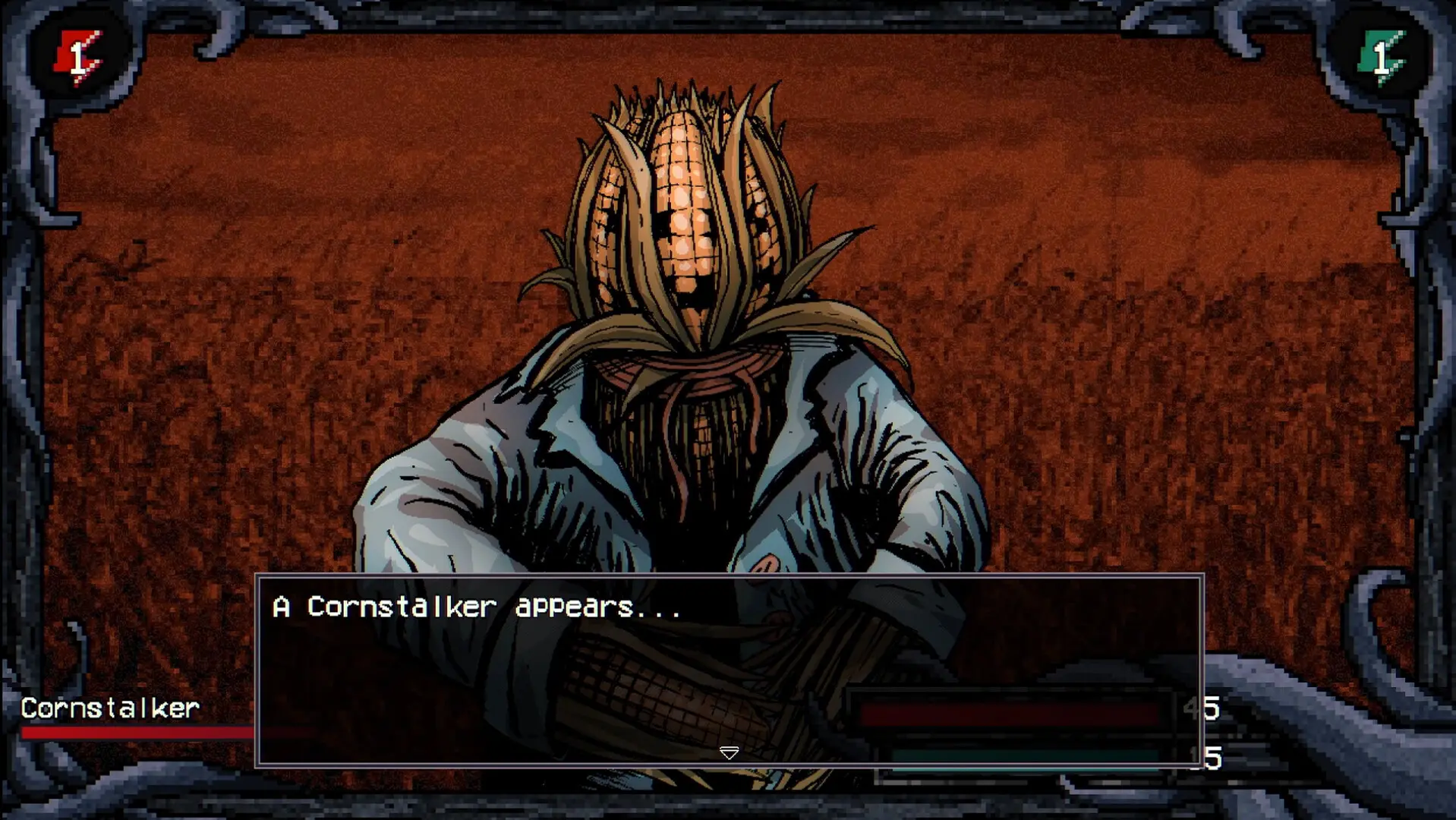 A Cornstalker encounter in Welcome to Elderfield with dialogue and combat UI visible.