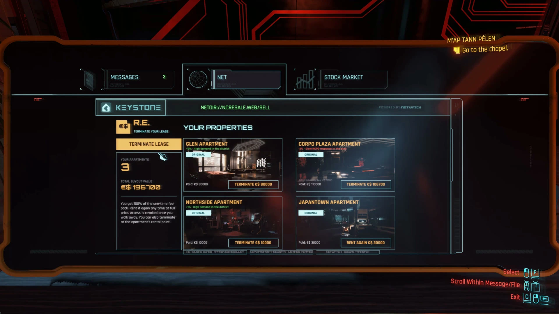 Cyberpunk 2077's in-game real estate browser showing apartment lease options.
