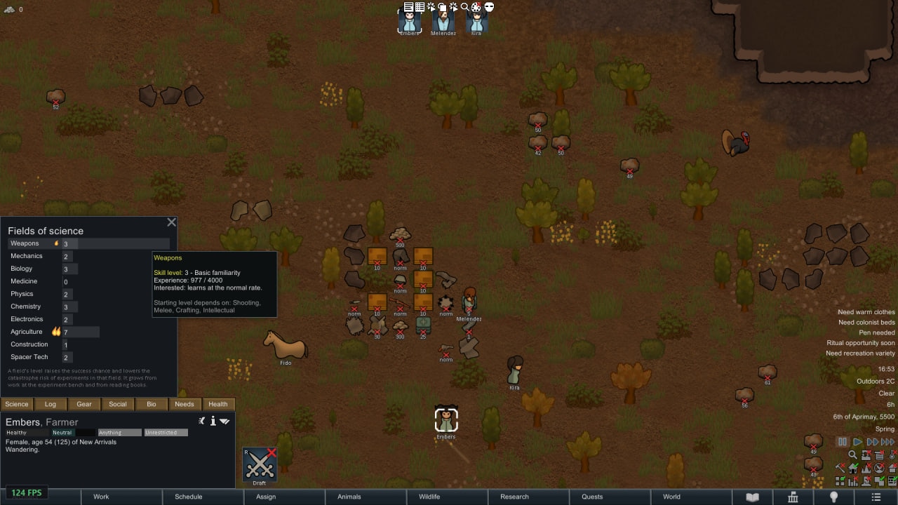 A RimWorld colony with the Fields of Science research panel open.