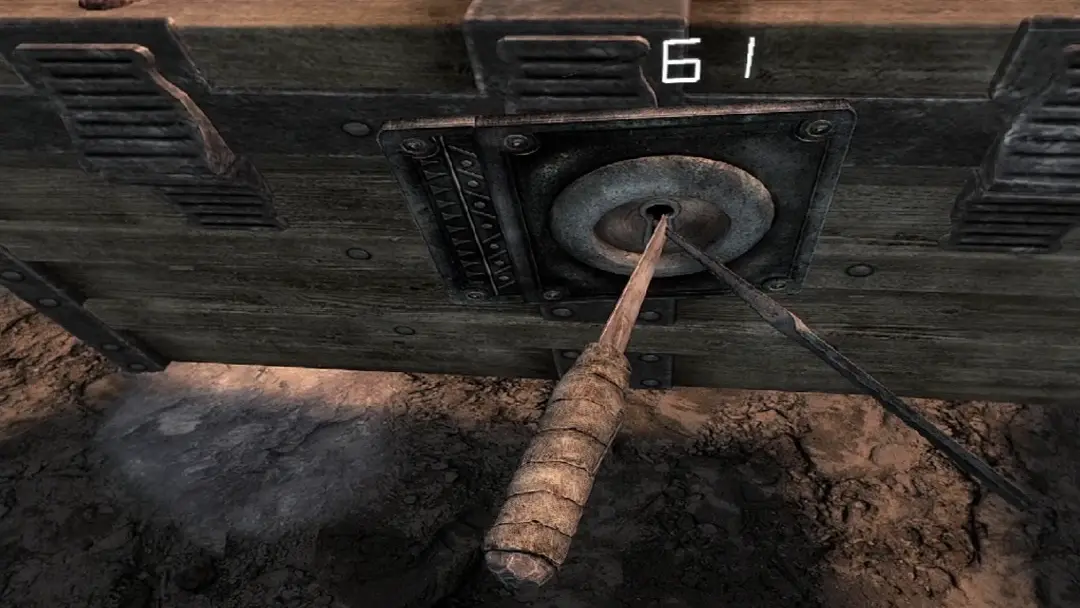 A Skyrim VR chest lock being manipulated with a lockpick and tension wrench.