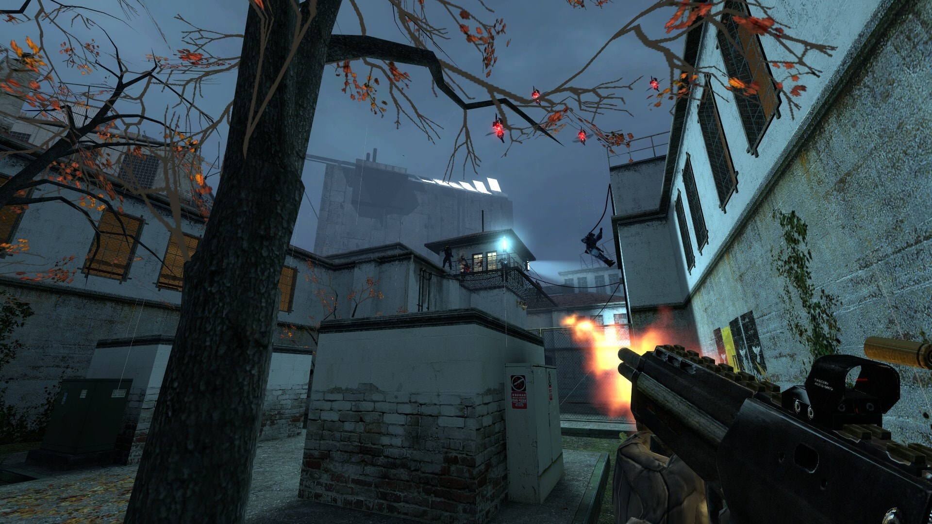First-person gunfire in a Nova Prospekt courtyard beneath airborne Combine machines.
