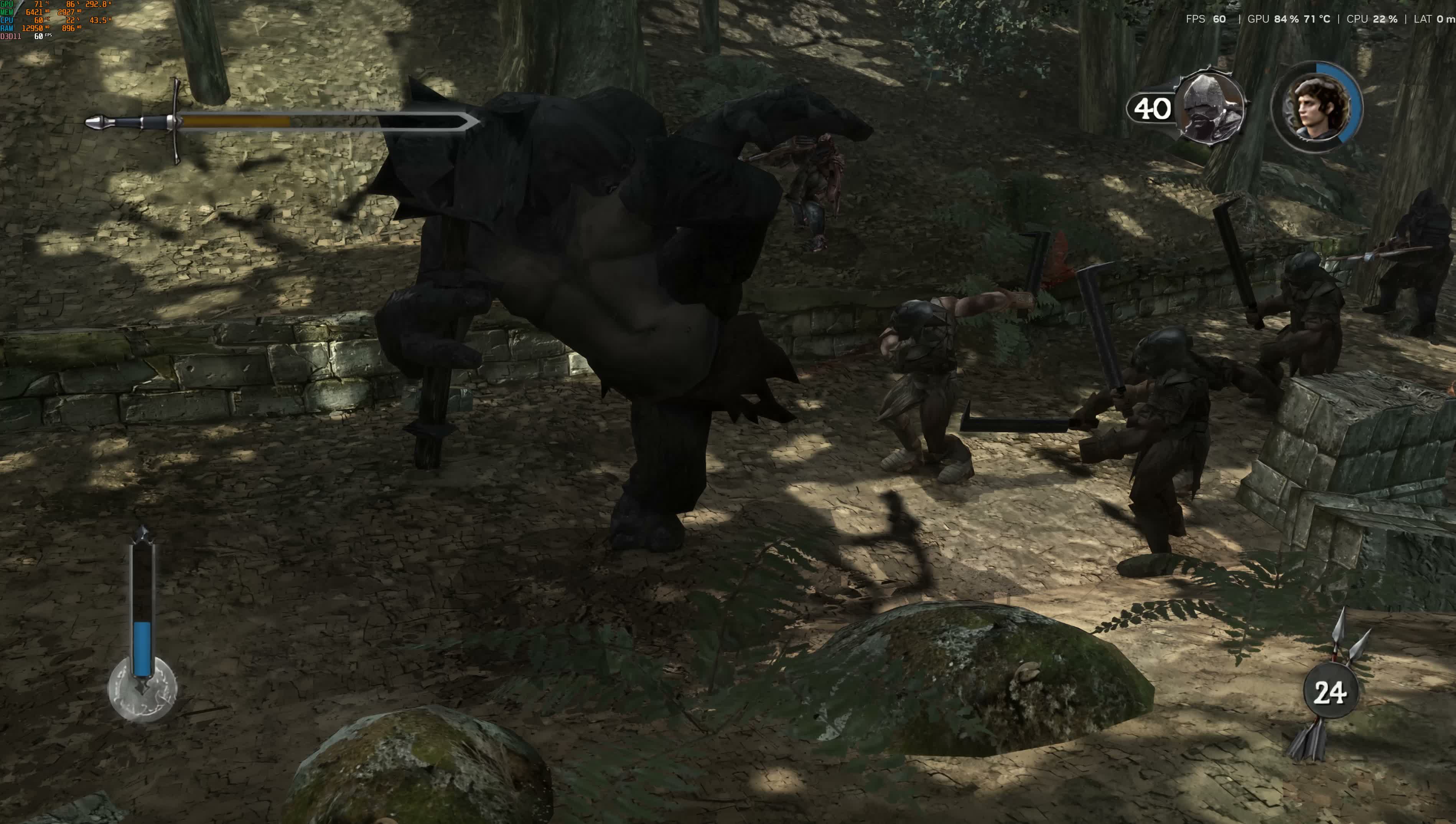 A playable Cave Troll swings its mace among enemies in an October 21 development capture.