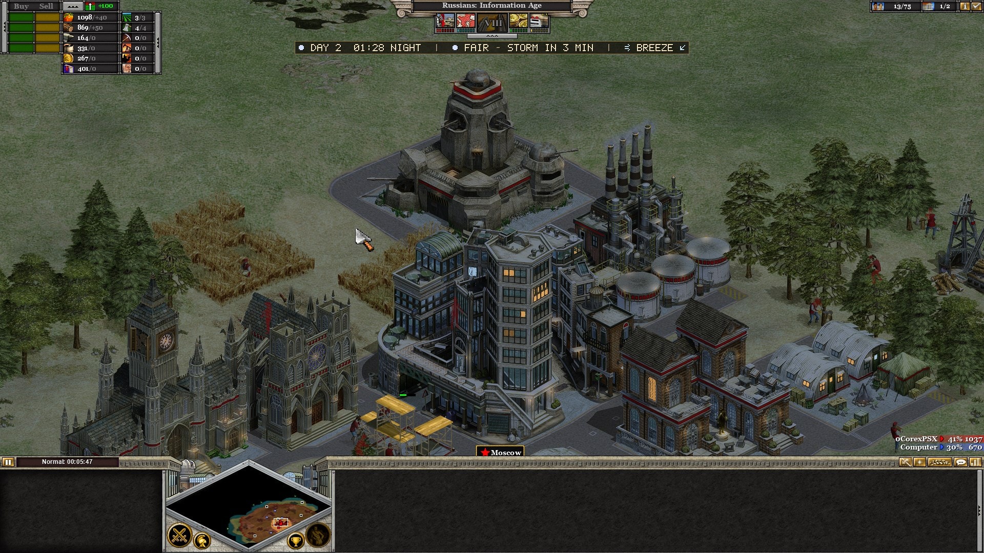 A Rise of Nations city at night with illuminated building windows in RoN Enhanced.