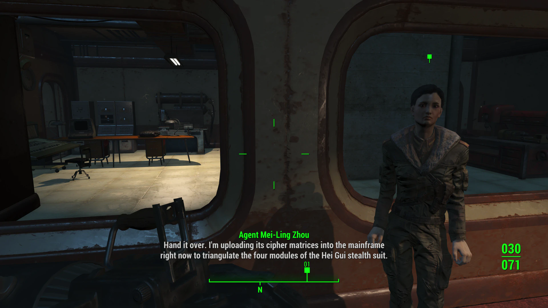 Agent Mei-Ling Zhou discusses stealth-suit modules inside a bunker in Operation Jade Lotus.