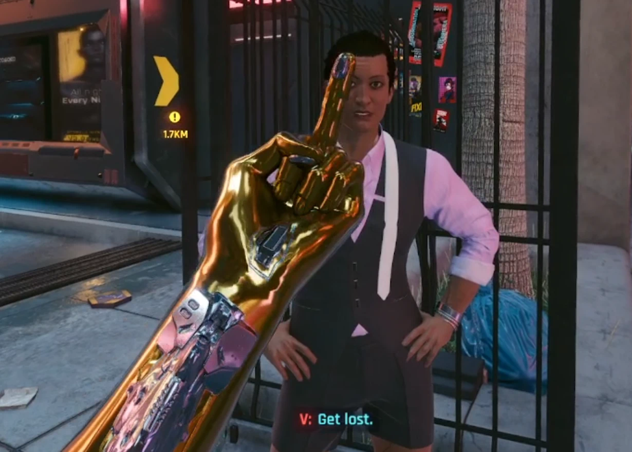 V raises a gold cybernetic middle finger toward an NPC during a Provoke interaction.
