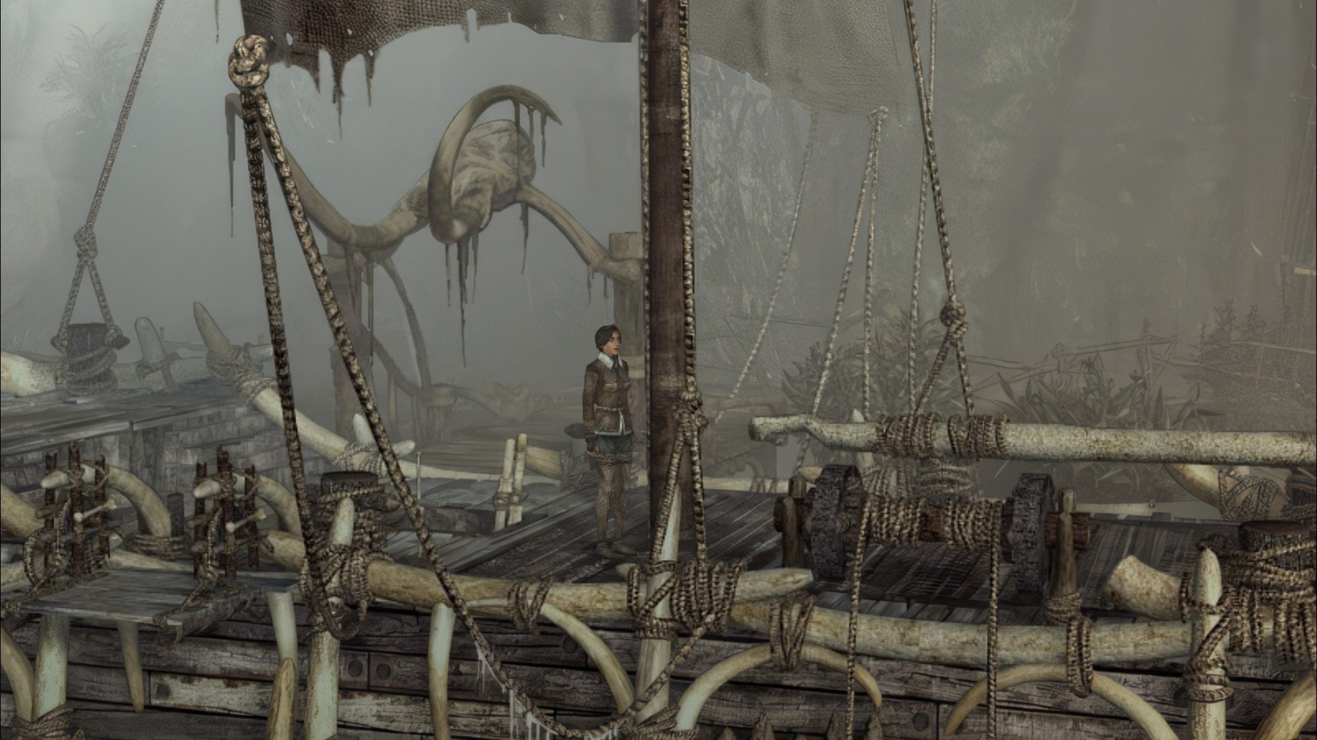 Kate stands beside the mast and bone railings of the Youkol ship in Syberia 2 HD.