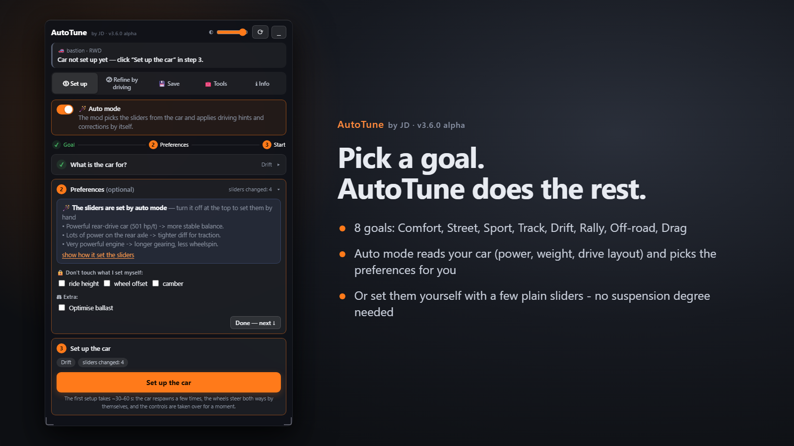 AutoTune interface measuring and configuring a vehicle in BeamNG.drive.