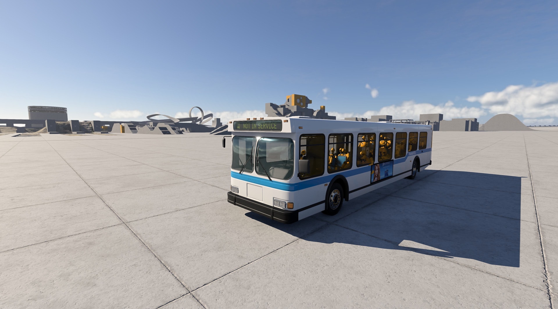 A BeamNG.drive bus carrying physics-based crash-test-dummy passengers.