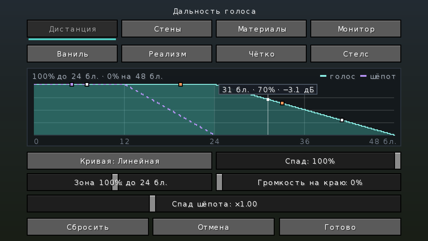 Voice Physics distance settings interface for Minecraft proximity chat.