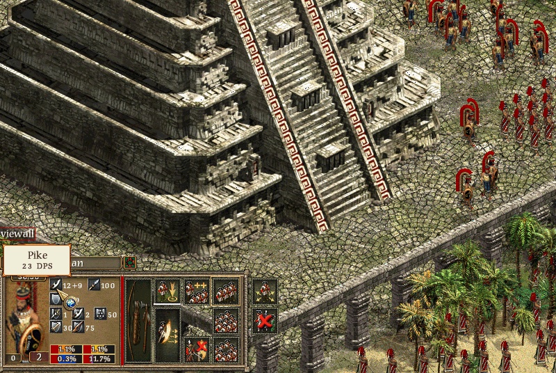 A pike unit’s 23 DPS tooltip appears beside troops and a stone temple in American Conquest Remaster.