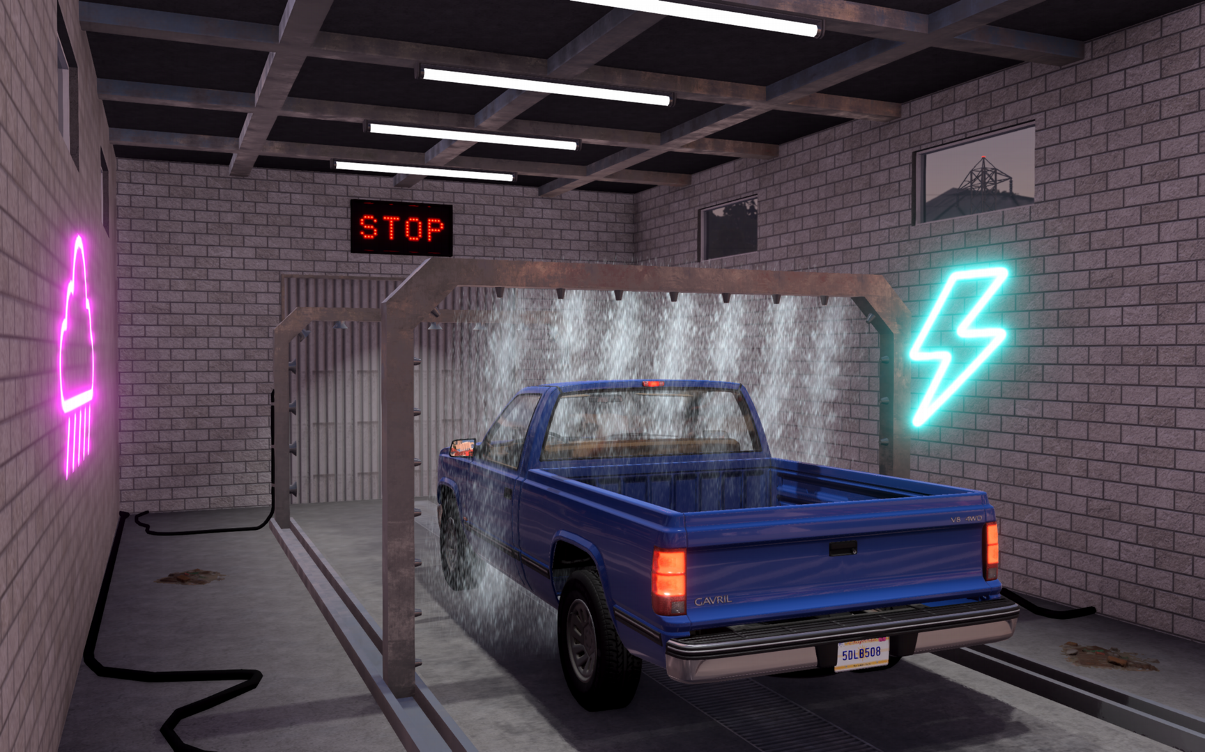 A blue pickup truck sits beneath running water inside the expansion’s illuminated car wash.