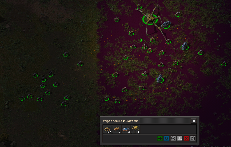 Selected biters and a pentapod stand on purple creep beside Hive Commander’s unit-control panel.