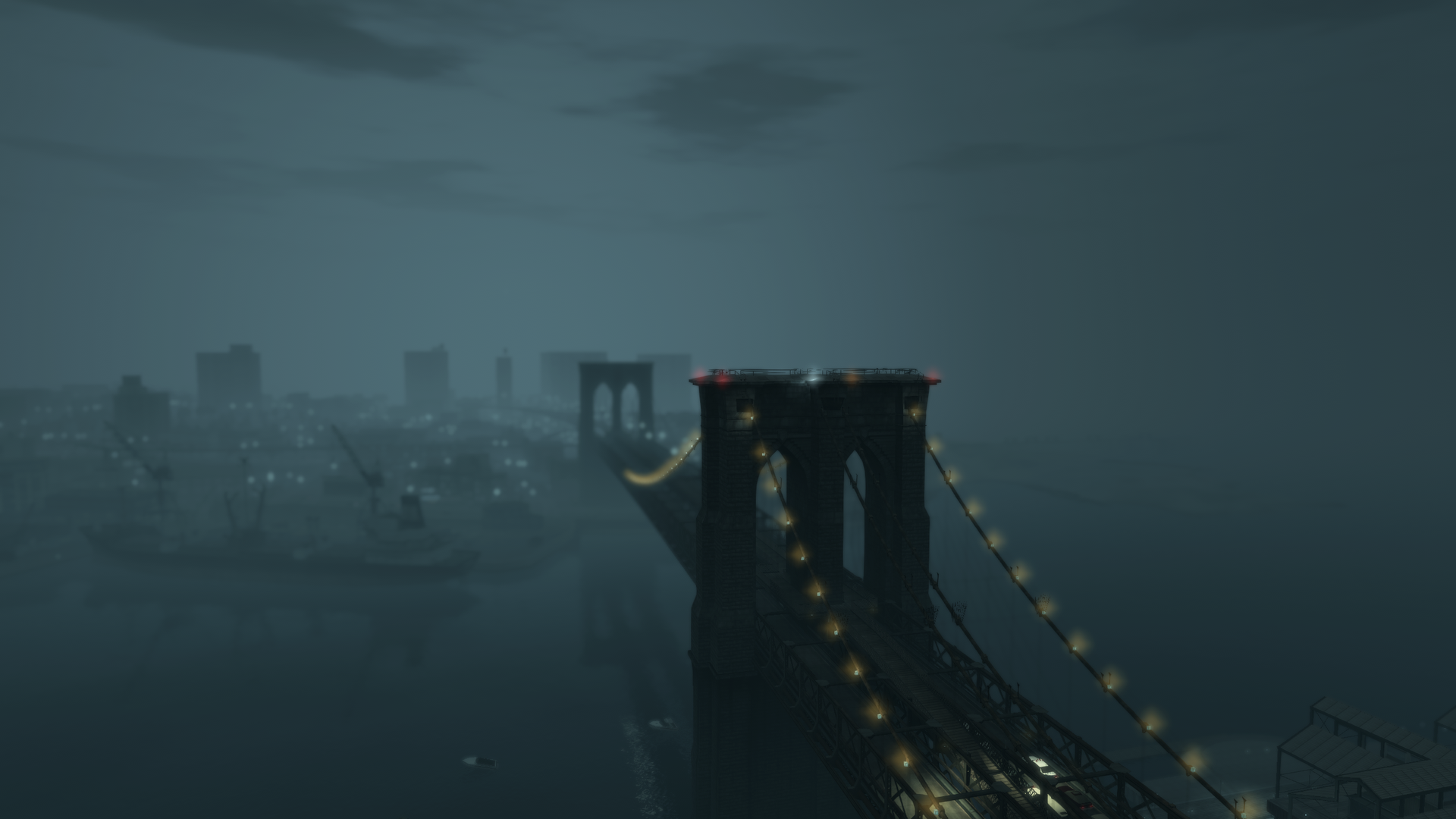 A lit suspension bridge and Liberty City skyline under dark clouds in GTA IV.