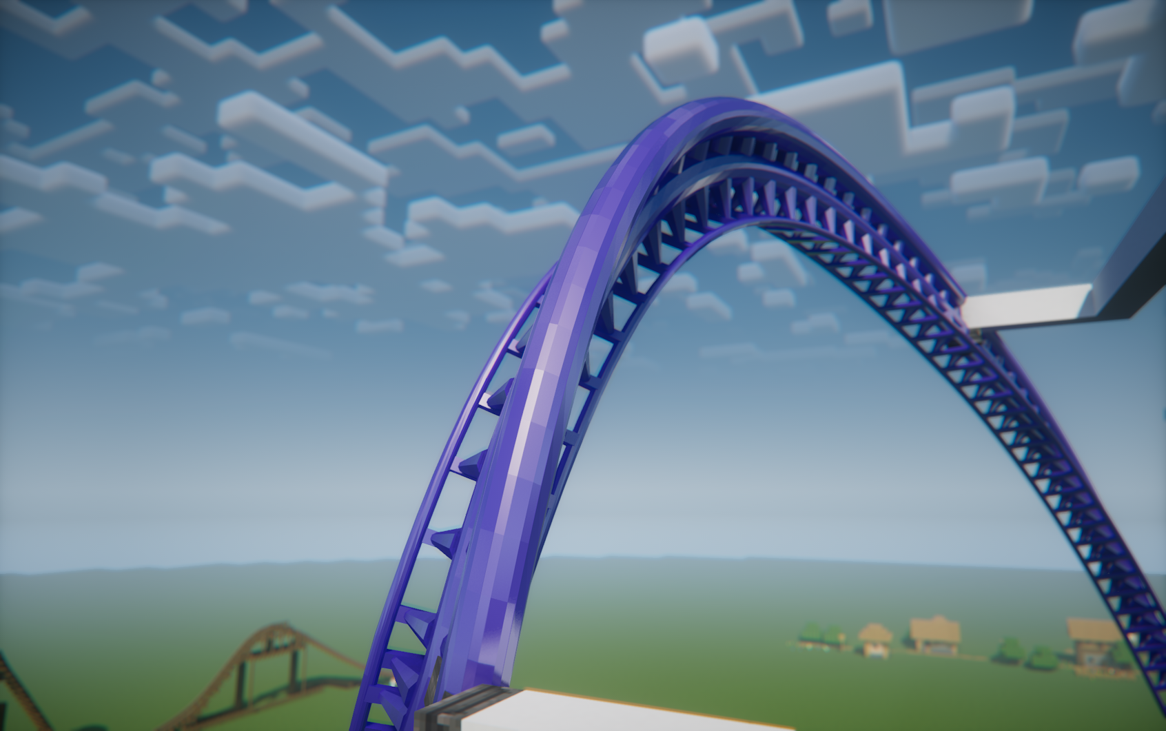 A purple Intamin-style roller-coaster track twists above a Minecraft landscape.