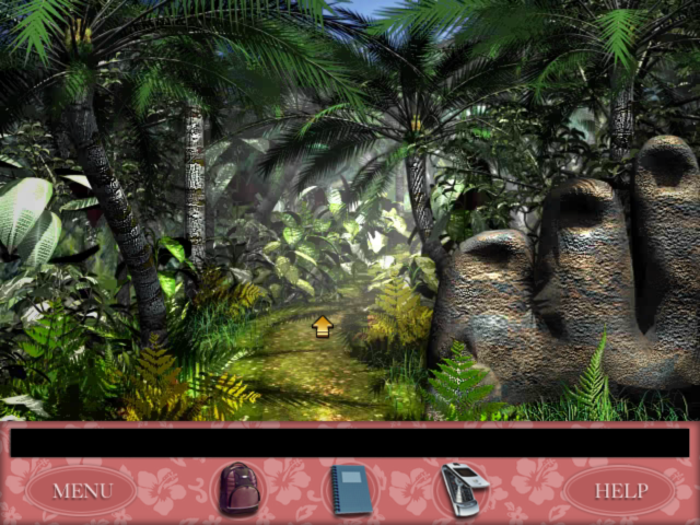 A jungle path winds between tropical plants and large carved stone heads in Nancy Drew: The Creature of Kapu Cave.