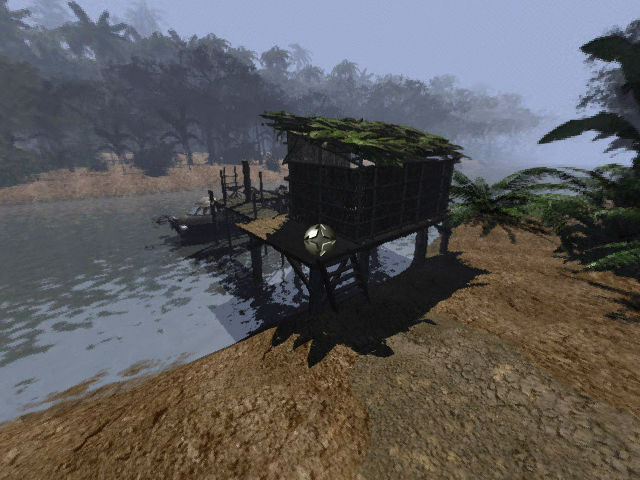 A wooden shelter on stilts beside a misty river in Amerzone: The Explorer’s Legacy.