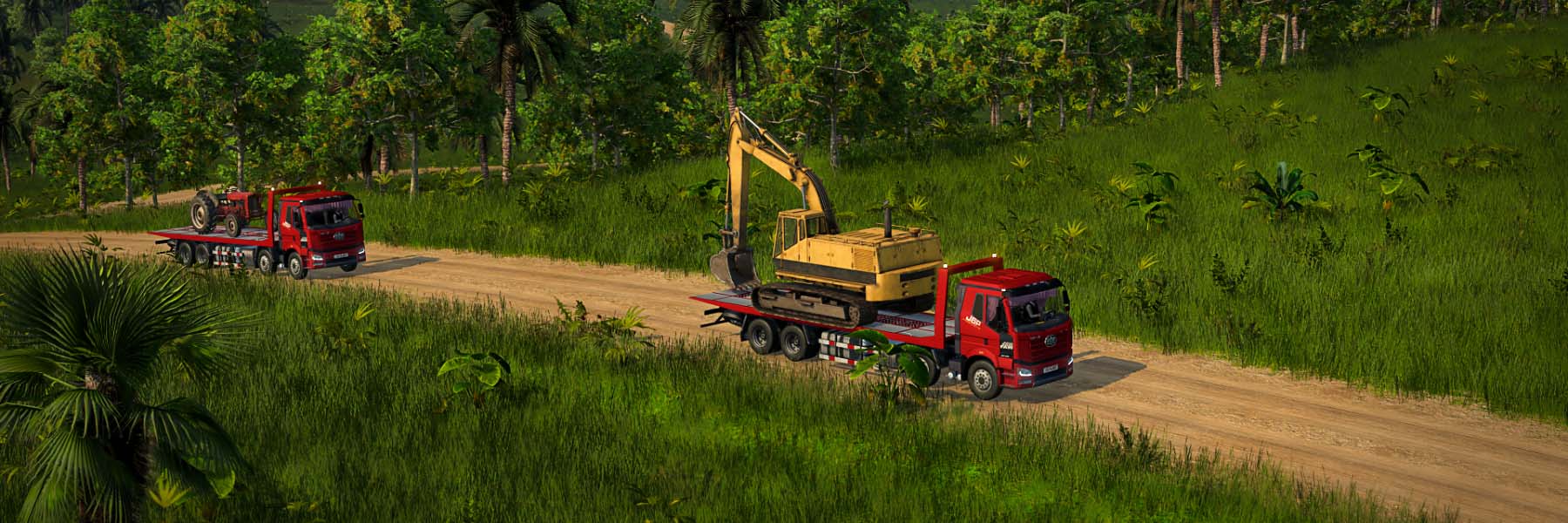 Two red flatbed trucks carry a tractor and an excavator along a tropical dirt road in Transport Fever 3.