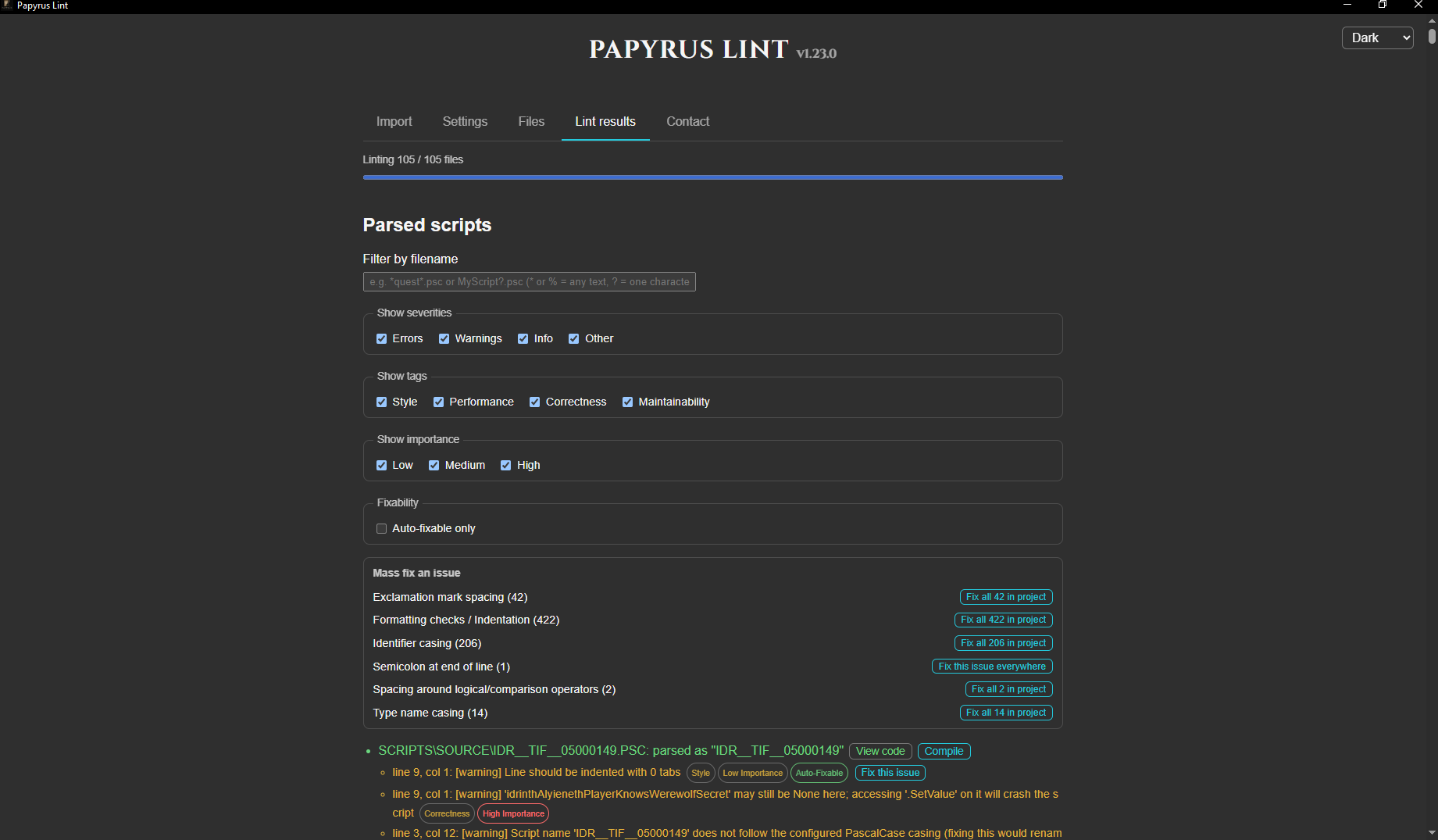 Papyrus Lint displaying filtered script diagnostics and buttons for applying fixes across a project