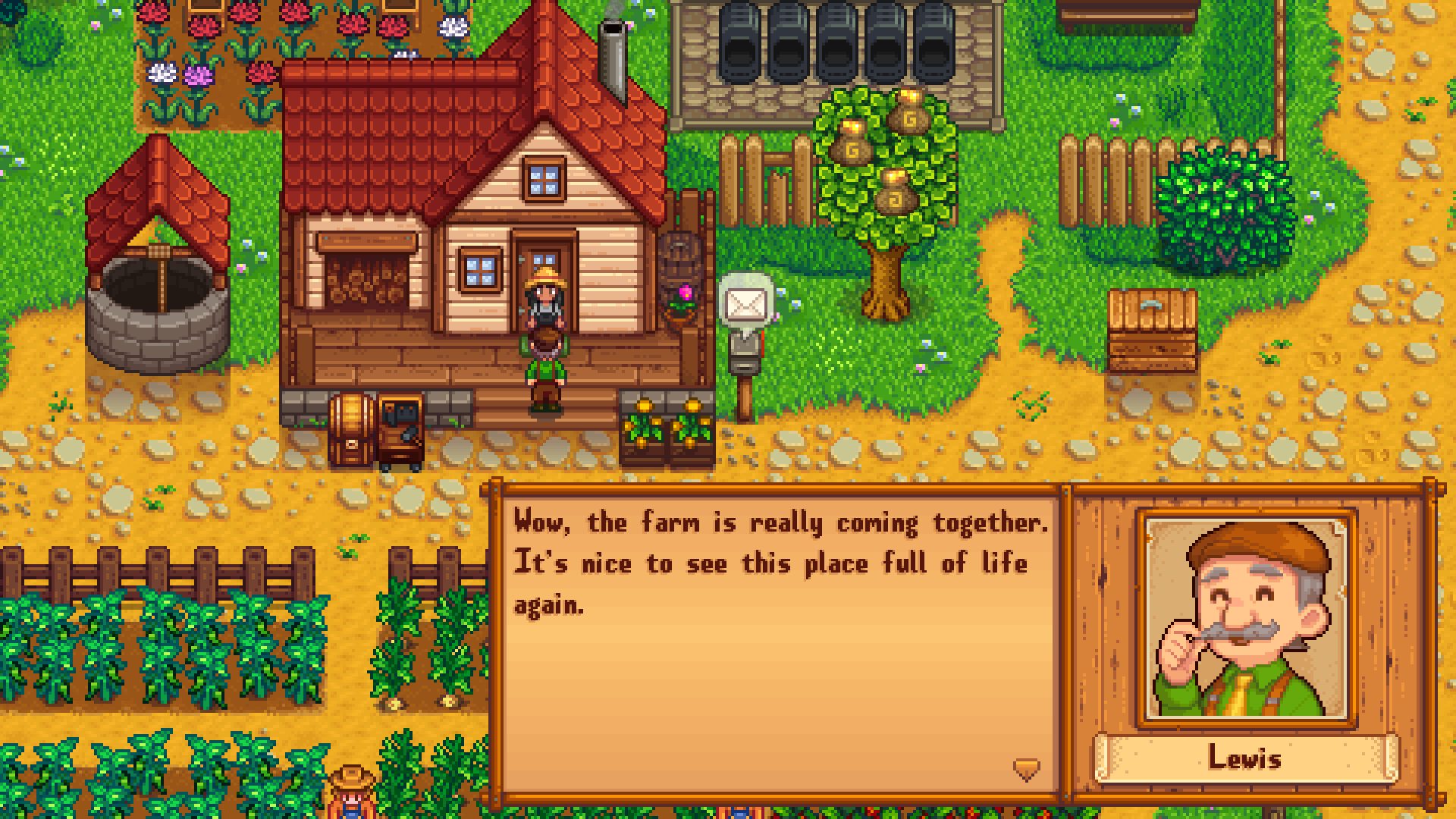 Lewis visits a decorated farmhouse and comments that the farm is coming together, with his illustrated portrait in the dialogue box.
