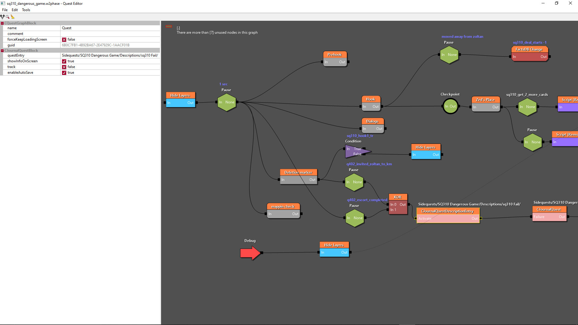 The Witcher 3 REDkit Quest Editor displaying a branching quest graph with connected Pause, Checkpoint and FactsDB Change nodes
