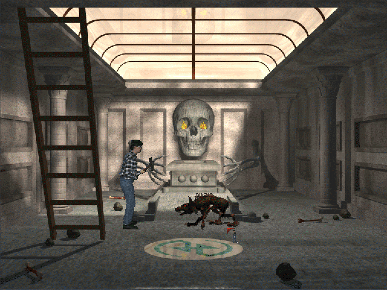 Harvester’s protagonist stands beside a creature in a stone chamber with a glowing-eyed skull monument and a ladder.