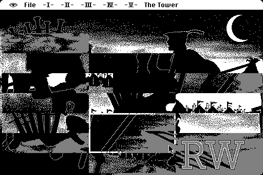 A black-and-white picture puzzle labeled The Tower, with misaligned sections of a castle, moon and silhouetted figures.