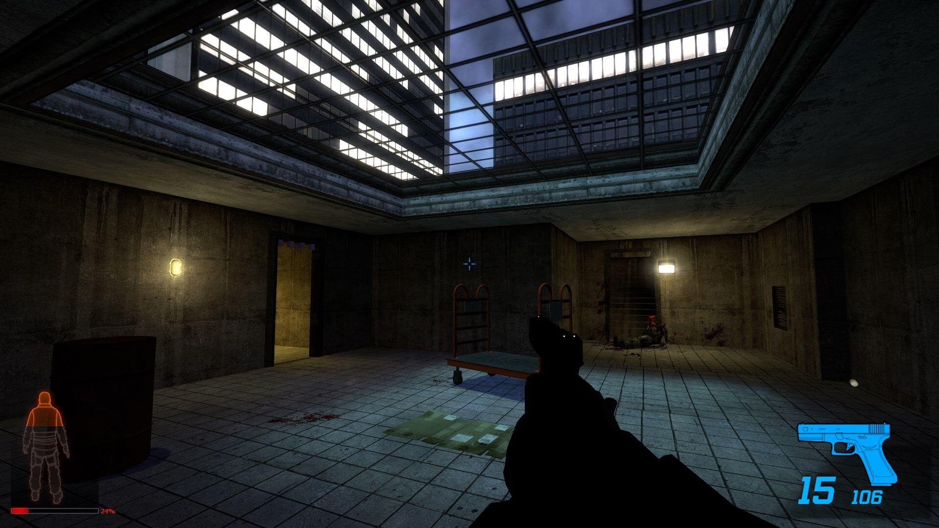 A generated SourceWorld room with a large skylight, concrete walls and hand trucks, viewed from behind the player’s pistol.