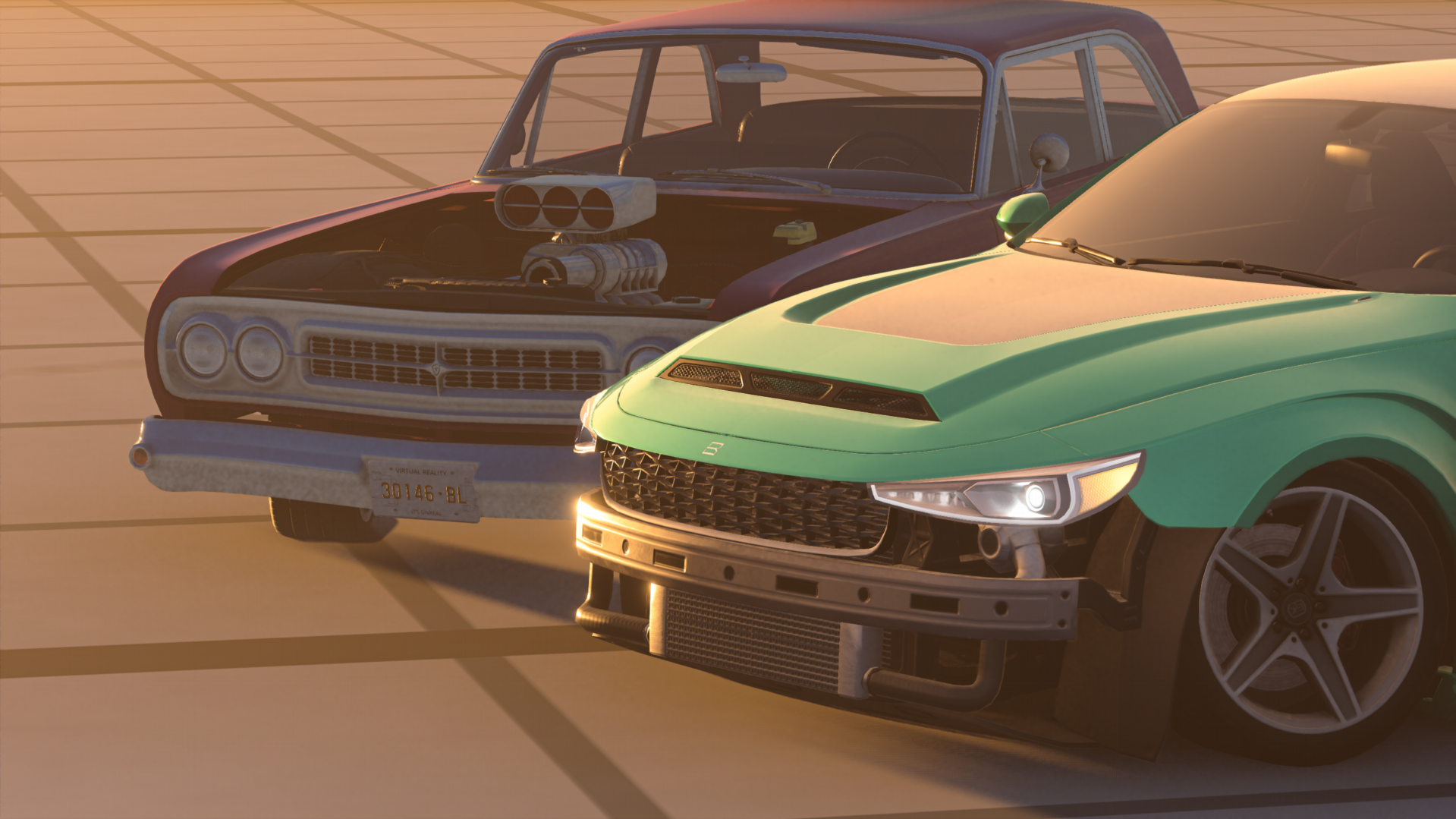 A hoodless Gavril Bluebuck with a raised supercharger sits beside a green Bruckell Bastion with exposed front-end components.