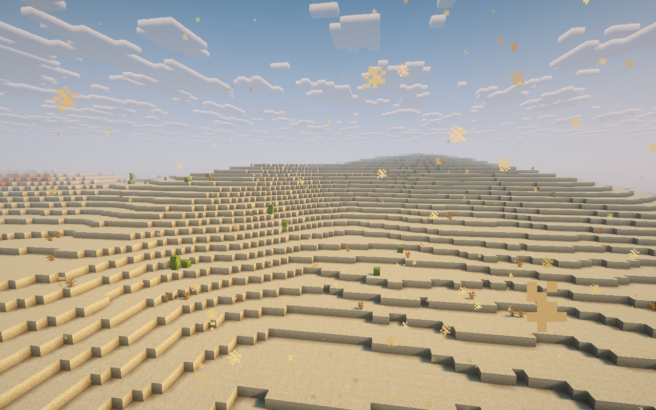 Windblown sand particles hang above pale stepped dunes, scattered cacti and dead bushes in Endless Dunes.