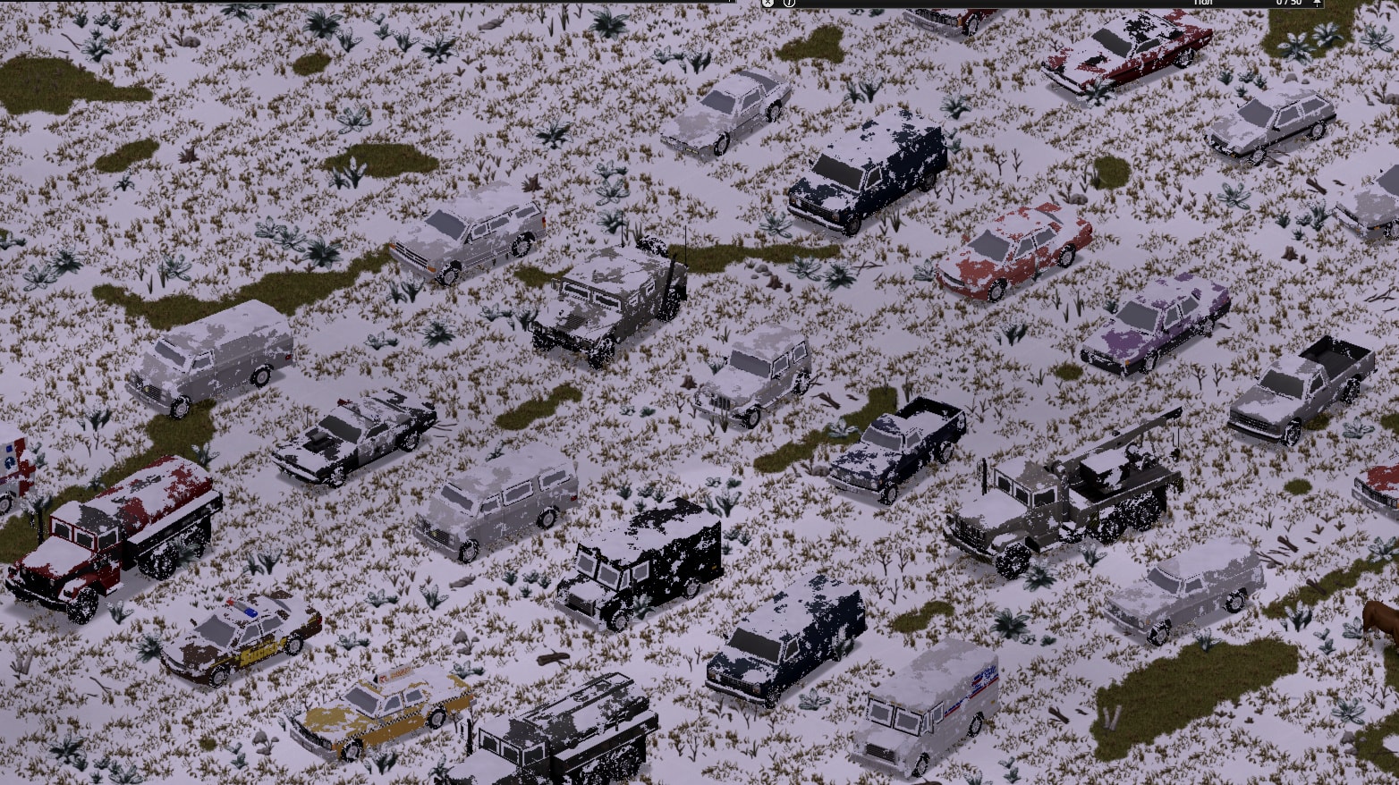 Rows of cars and utility vehicles with patchy snow on their roofs and hoods in Project Zomboid.