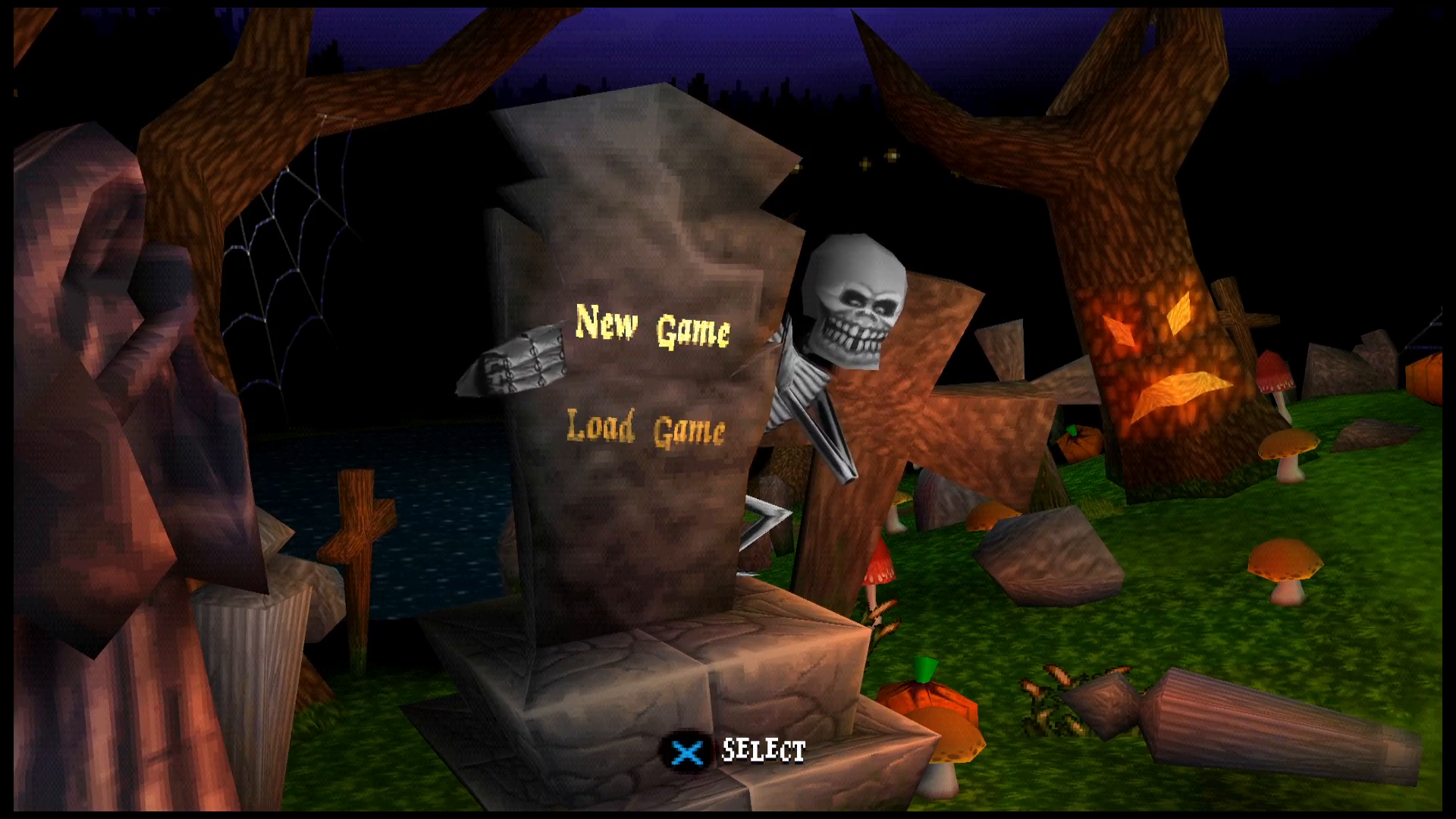 A grinning skeleton peers around a gravestone bearing New Game and Load Game options in MediEvilRecomp’s graveyard menu.