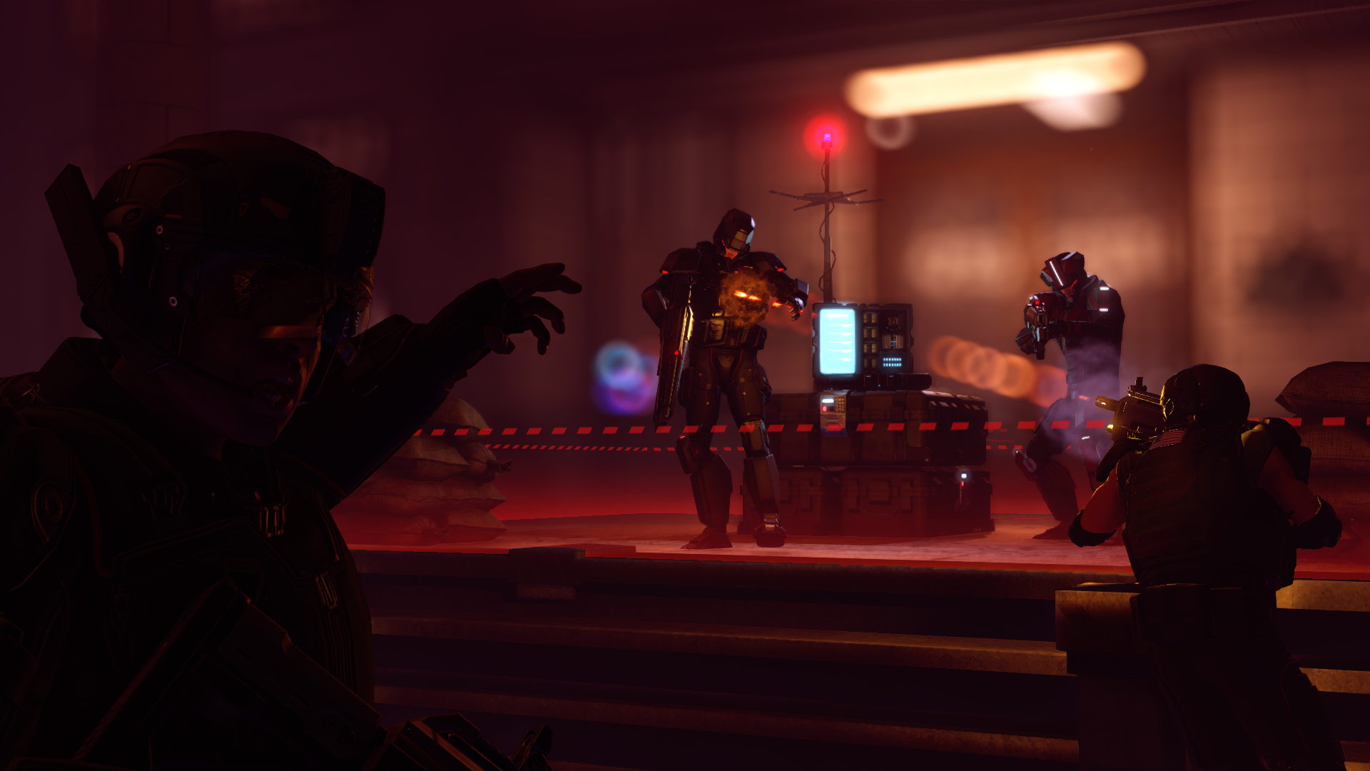 XCOM soldiers exchange fire with ADVENT around an illuminated control point in a red-lit room.