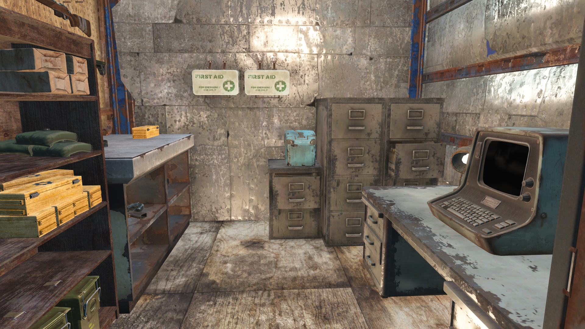The upper room of a CPD settlement station, with a terminal, filing cabinets, first-aid boxes and supplies.