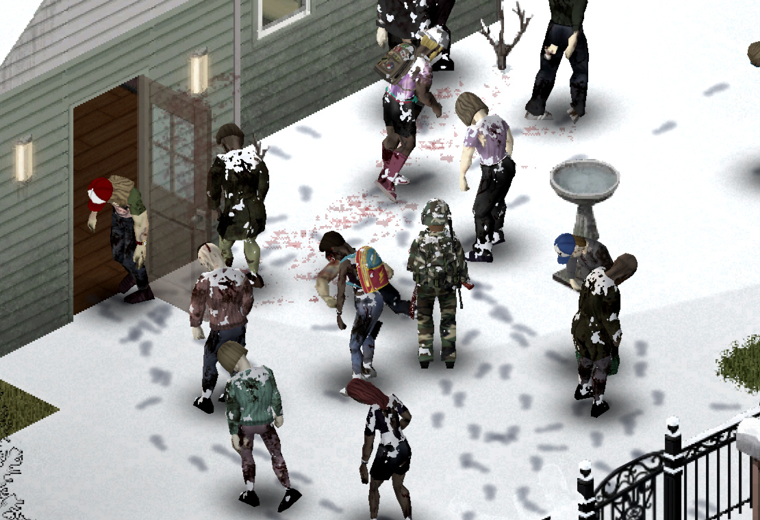 Snow-covered zombies cluster outside a house in Project Zomboid, with tracks and blood visible on the ground.