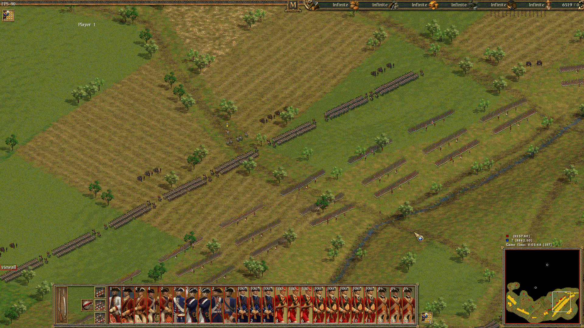 Long infantry formations arrayed across fields in European Warfare 2.