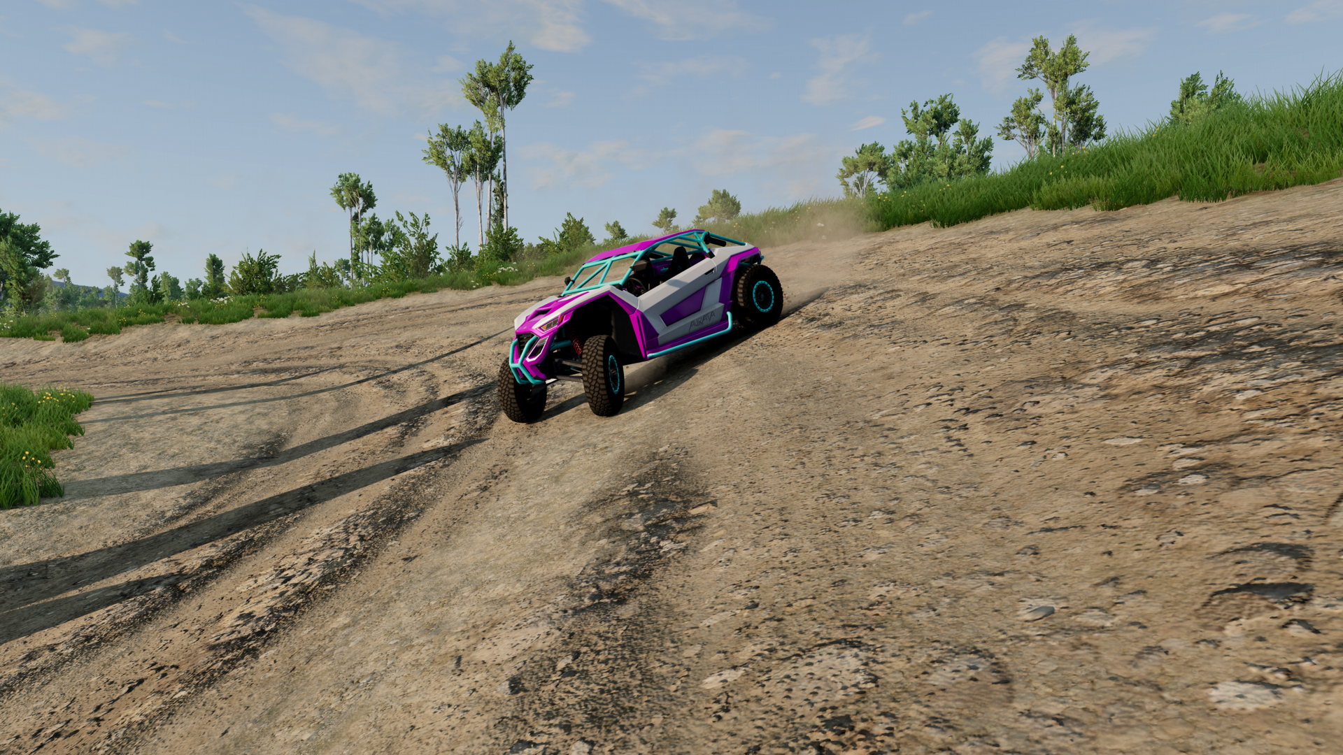 A purple and teal off-road buggy descending a sandy, banked trail in Huramdown Off Road Park.