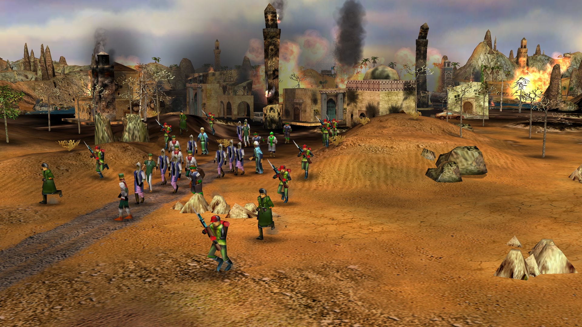 GLA infantry and civilian units gathered outside a burning settlement in Rise of the Reds.