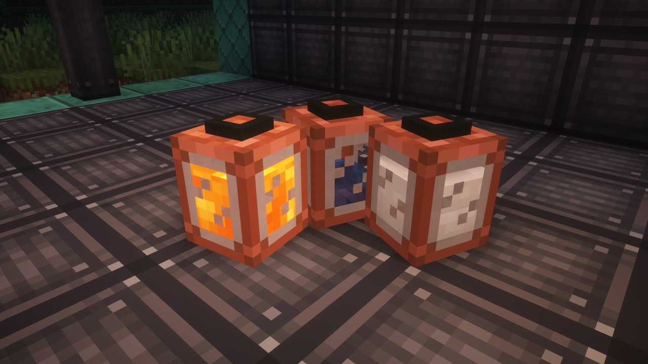 Three copper-framed fluid jars on a tiled factory floor in Create Factory Logistics.
