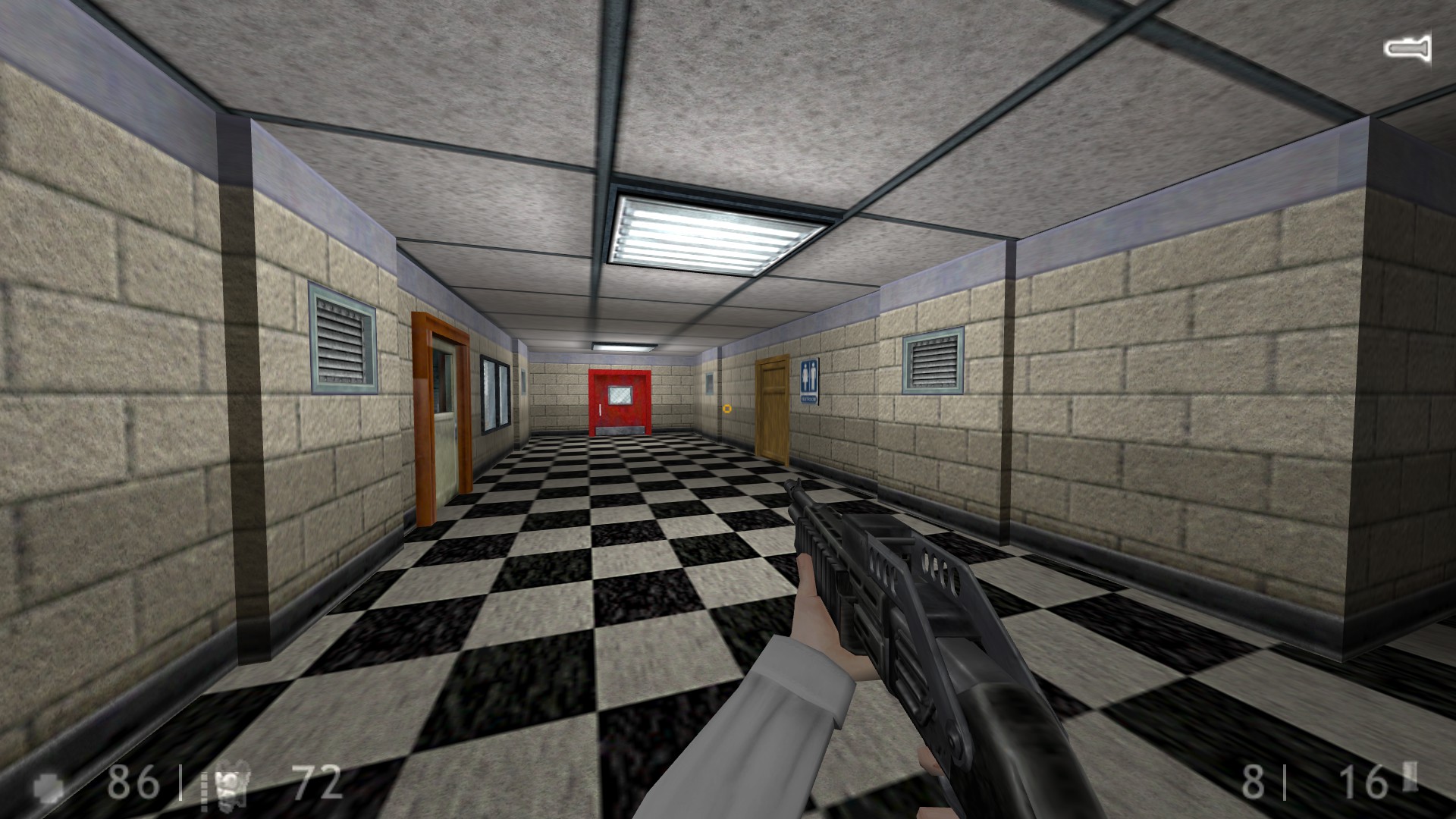 A shotgun points along a tiled office corridor toward a red door in Half-Life: Dead Zone.