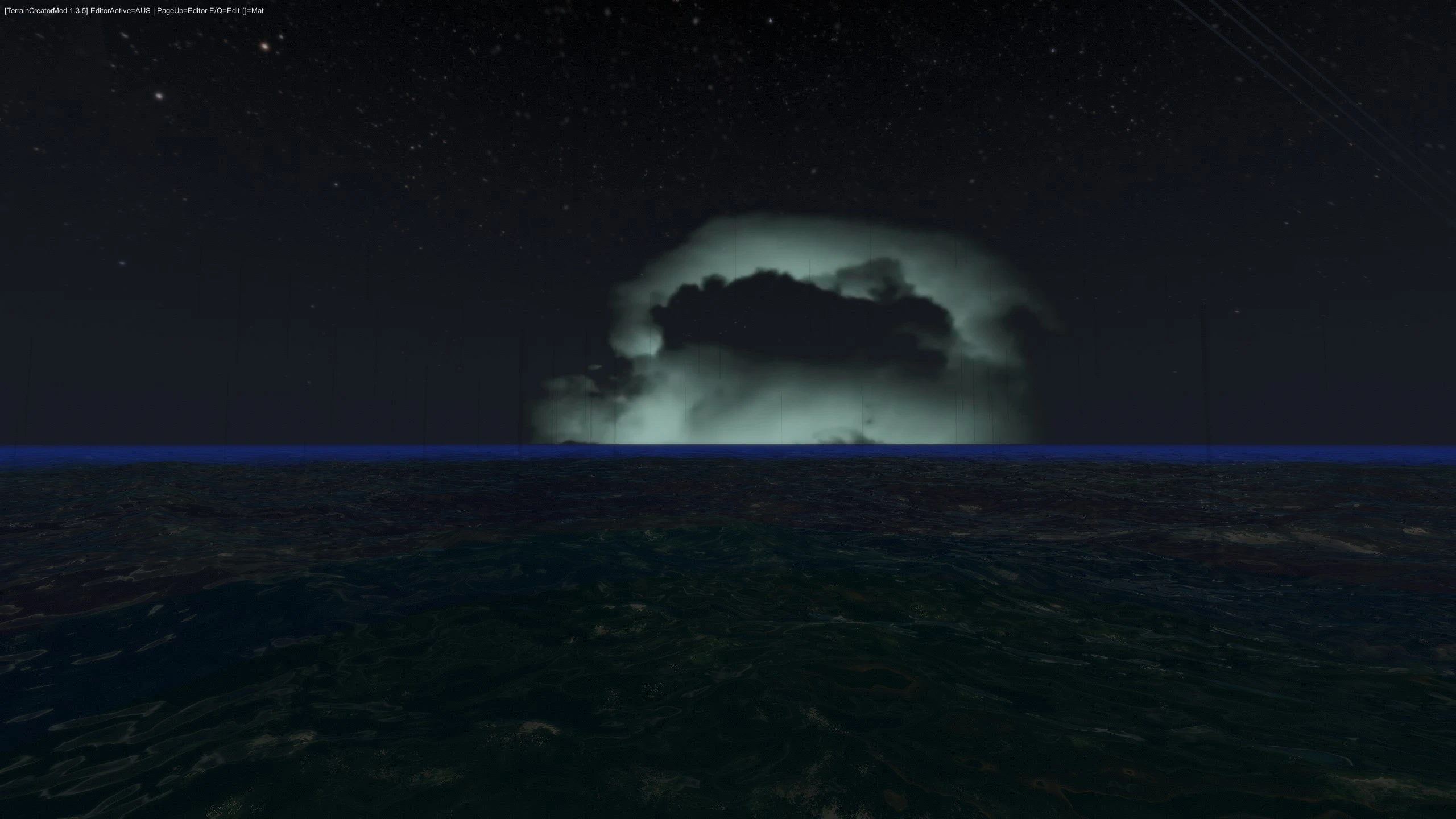 A pale glowing storm cloud hangs over Subnautica’s dark ocean beneath a star-filled night sky.
