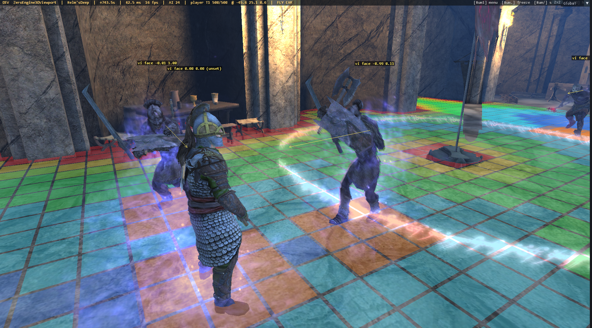 Armored fighters stand on a multicolored navigation-debug grid in OpenConquest.